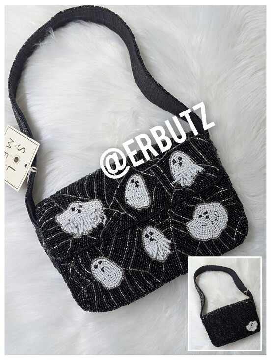 Sol And Mer Handbags - SOL and MER Halloween Ghost Motif Beaded Shoulder Bag w/ Spiderweb Design 🕸️👻